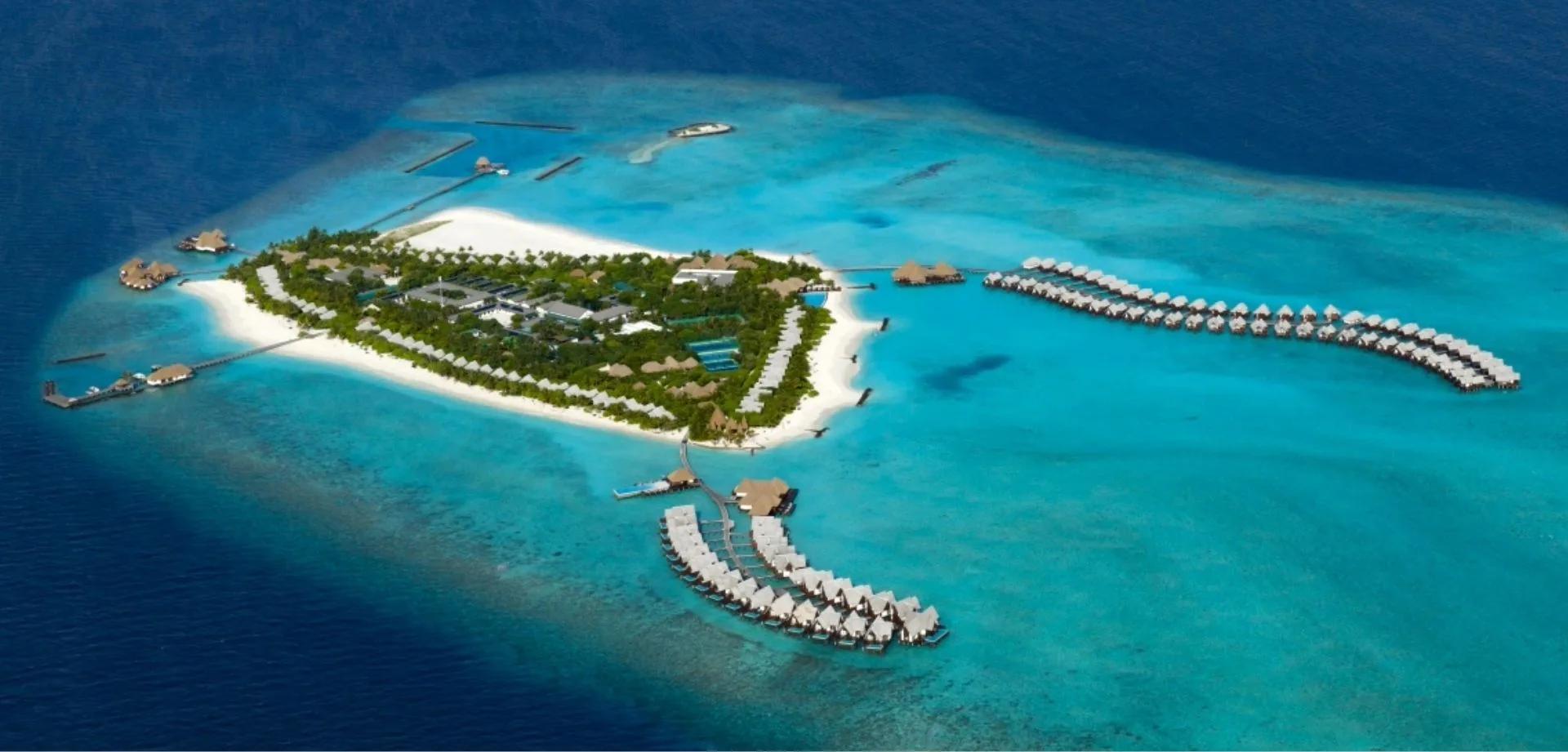 Heritance Aarah's overwater villas and lagoon seen from the air