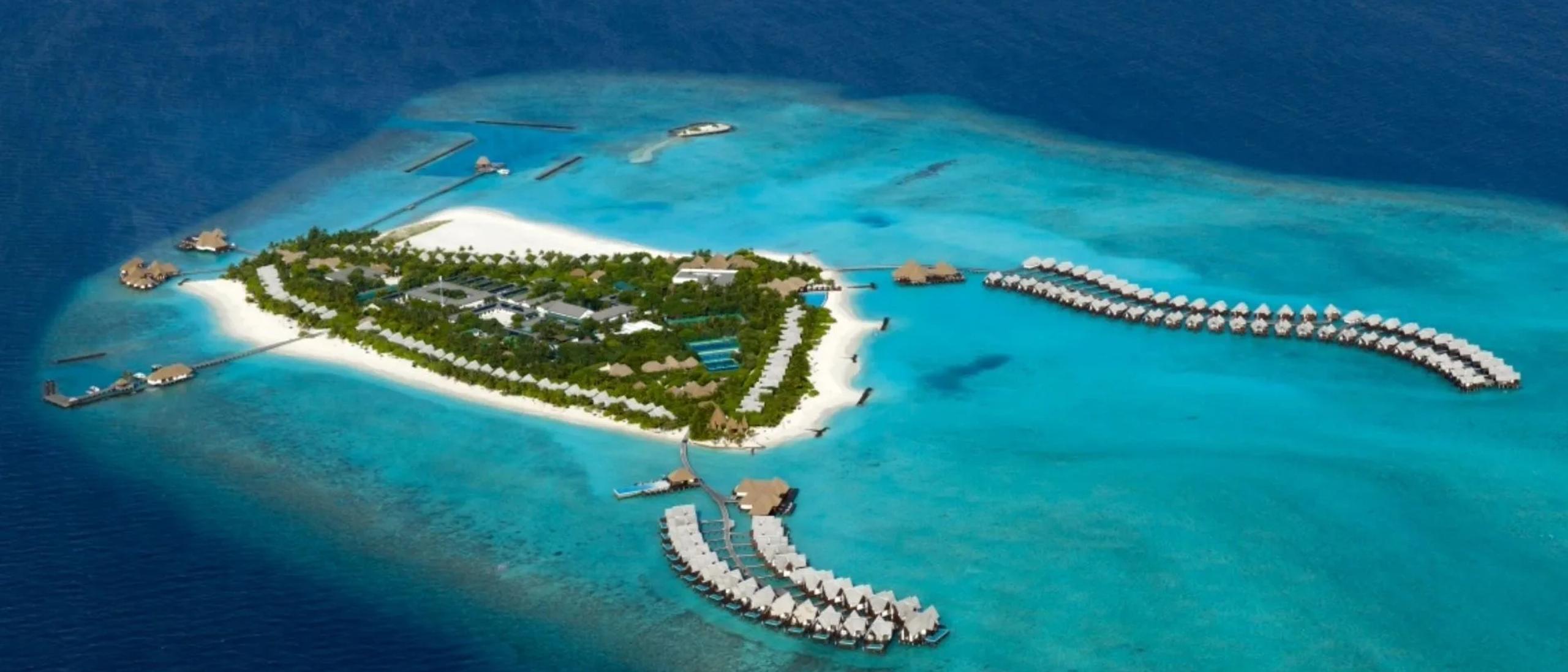 Heritance Aarah's overwater villas and lagoon seen from the air
