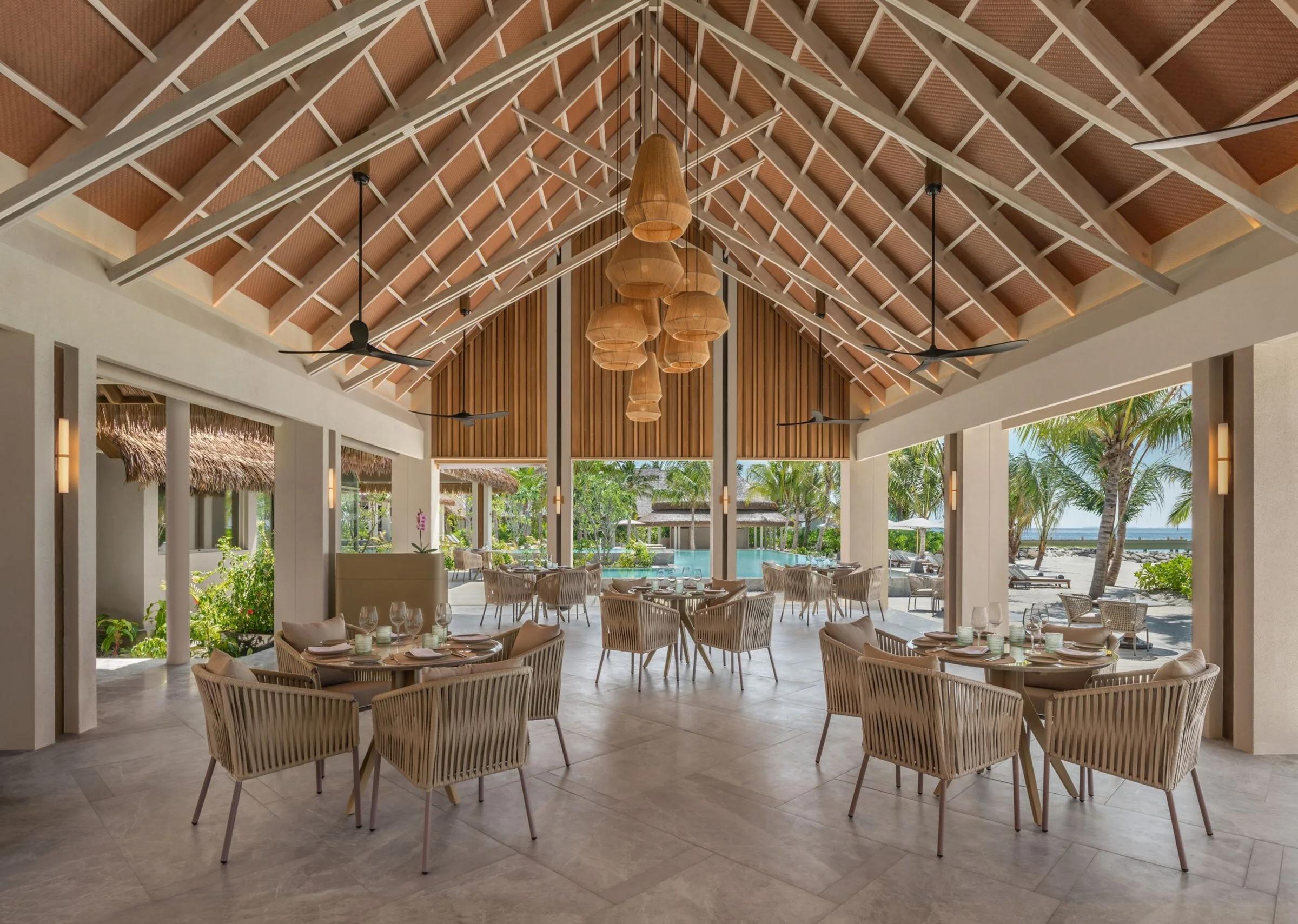 The open-air dining room at Veyo, the resort's all-day beachfront restaurant