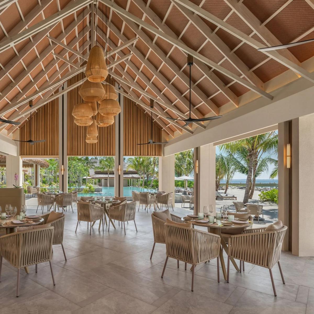 The open-air dining room at Veyo, the resort's all-day beachfront restaurant