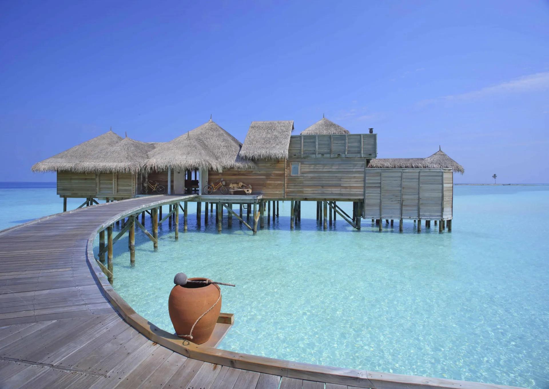 The front of a Gili Lagoon Residence at Gili Lankanfushi, positioned over the open lagoon
