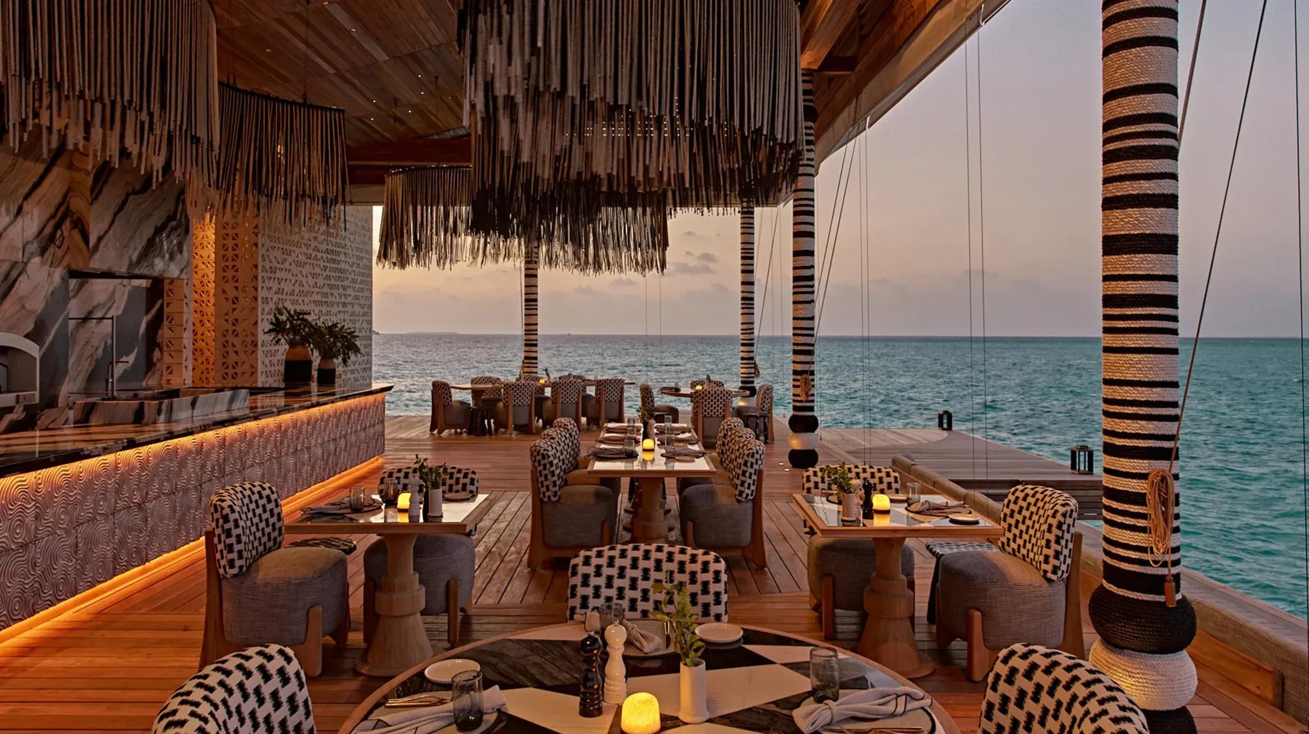 SAFAR Restaurant's dining room at .Here, set beneath its Bodu Beru-inspired pavilion roof