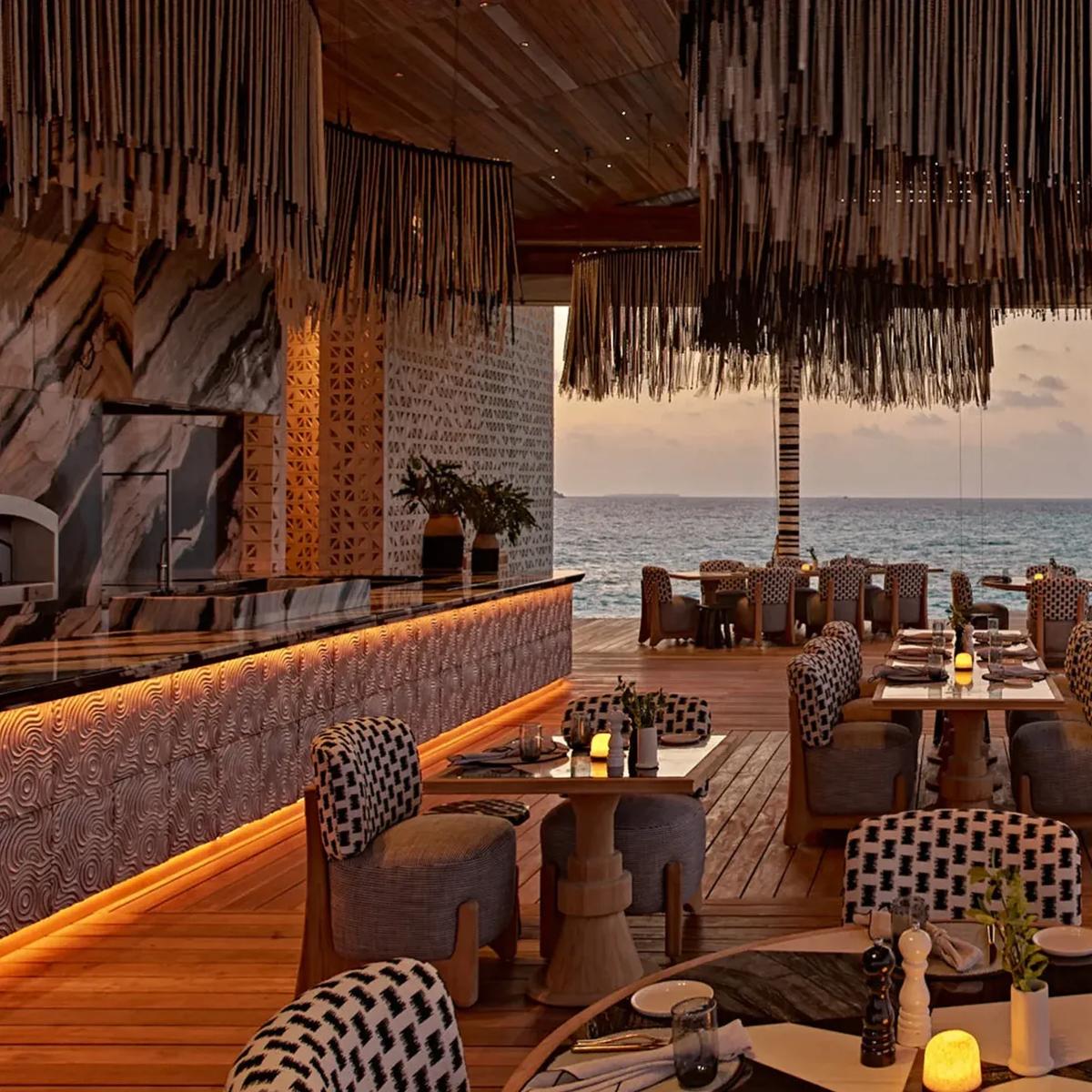 SAFAR Restaurant's dining room at .Here, set beneath its Bodu Beru-inspired pavilion roof