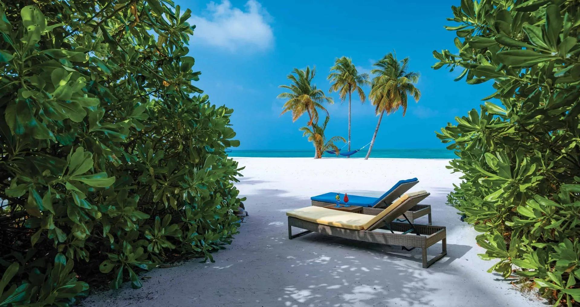 Two sun loungers on the beach behind the Sunset Beach Villas, palms framing a hammock at the shoreline