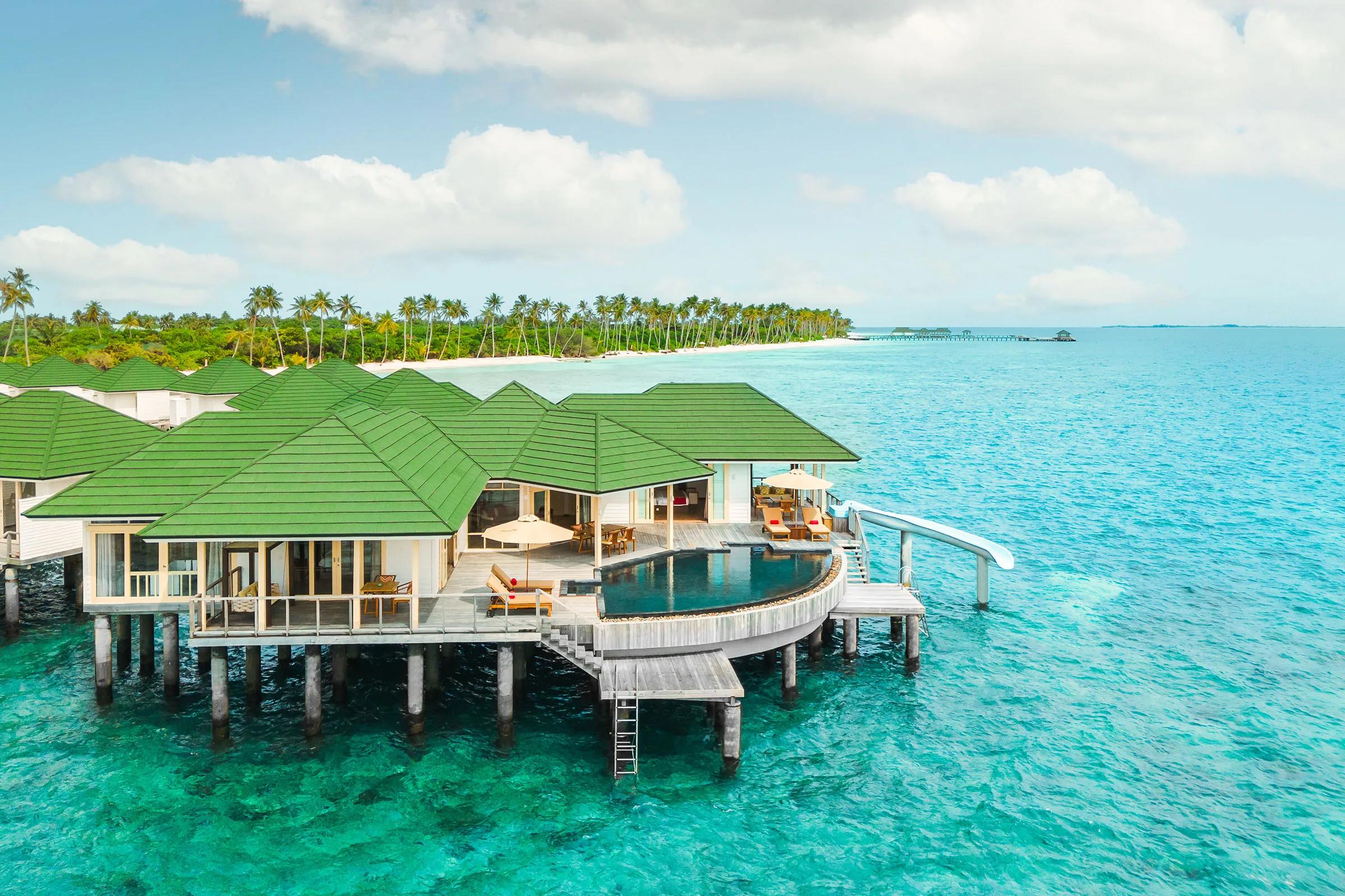 Grand Water Pavilion with Pool and Slide, seen from the water at Siyam World