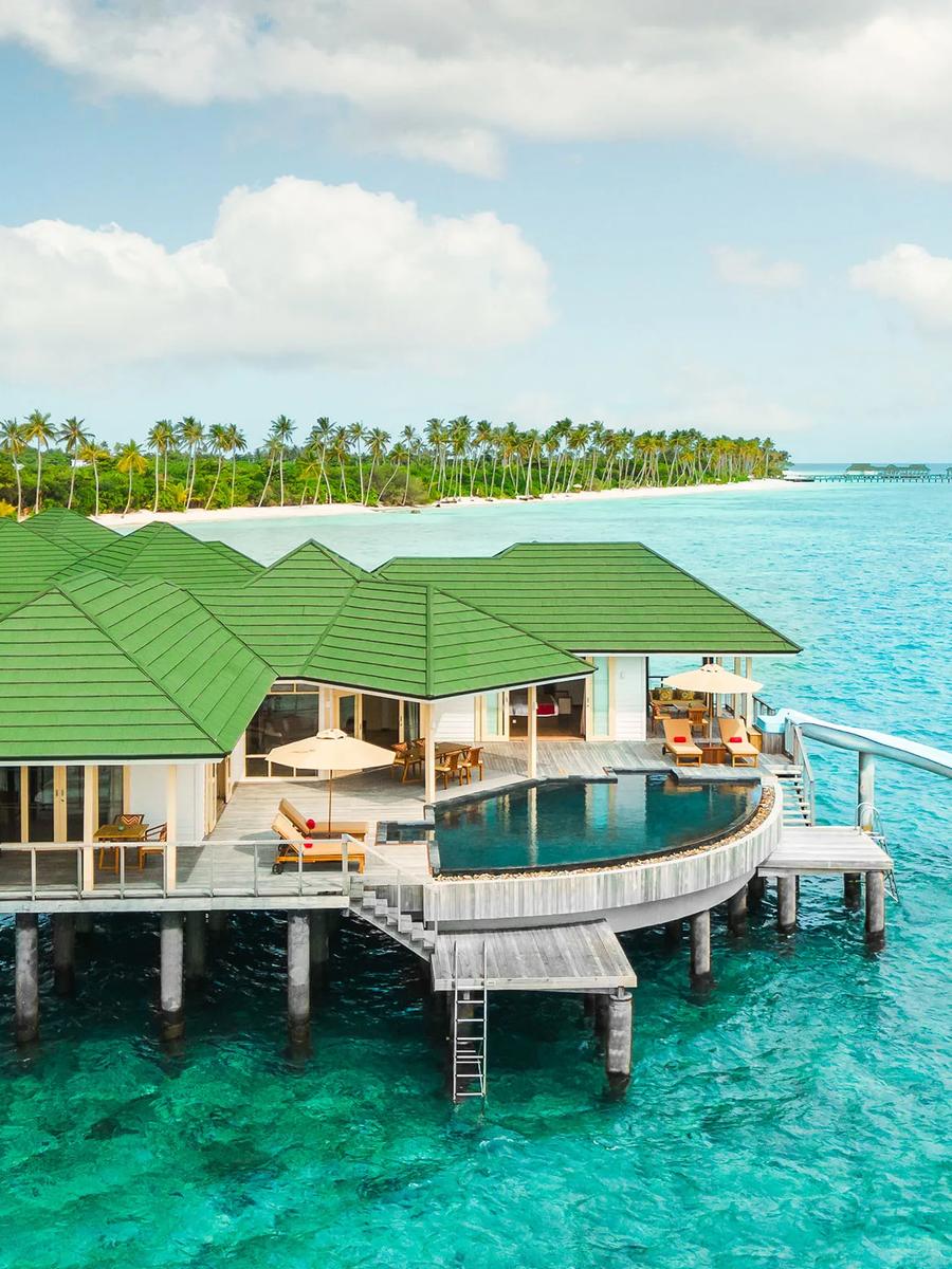 Grand Water Pavilion with Pool and Slide, seen from the water at Siyam World