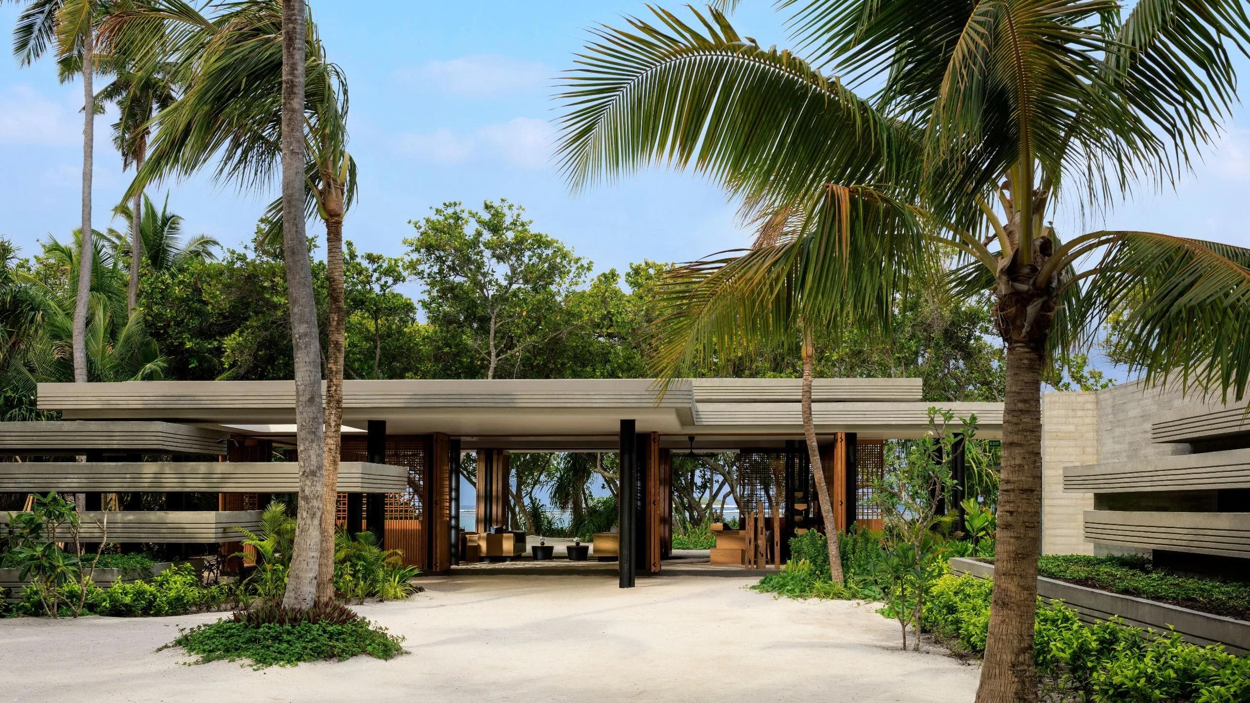 The exterior of Kothaifaru's arrival pavilion, where guests are welcomed after the seaplane transfer