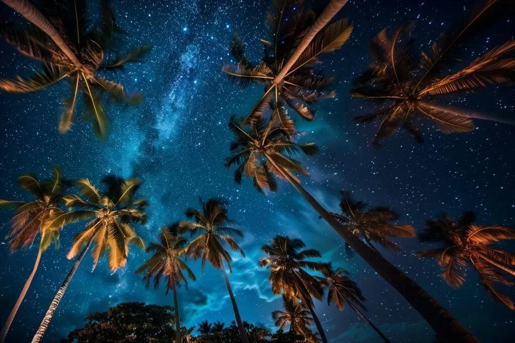 A wide night sky full of stars and the Milky Way, framed by silhouetted palm trees