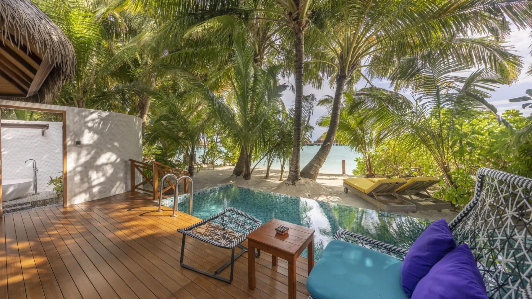 A Beach Pool Villa's private pool and deck at Mercure Maldives Kooddoo Resort