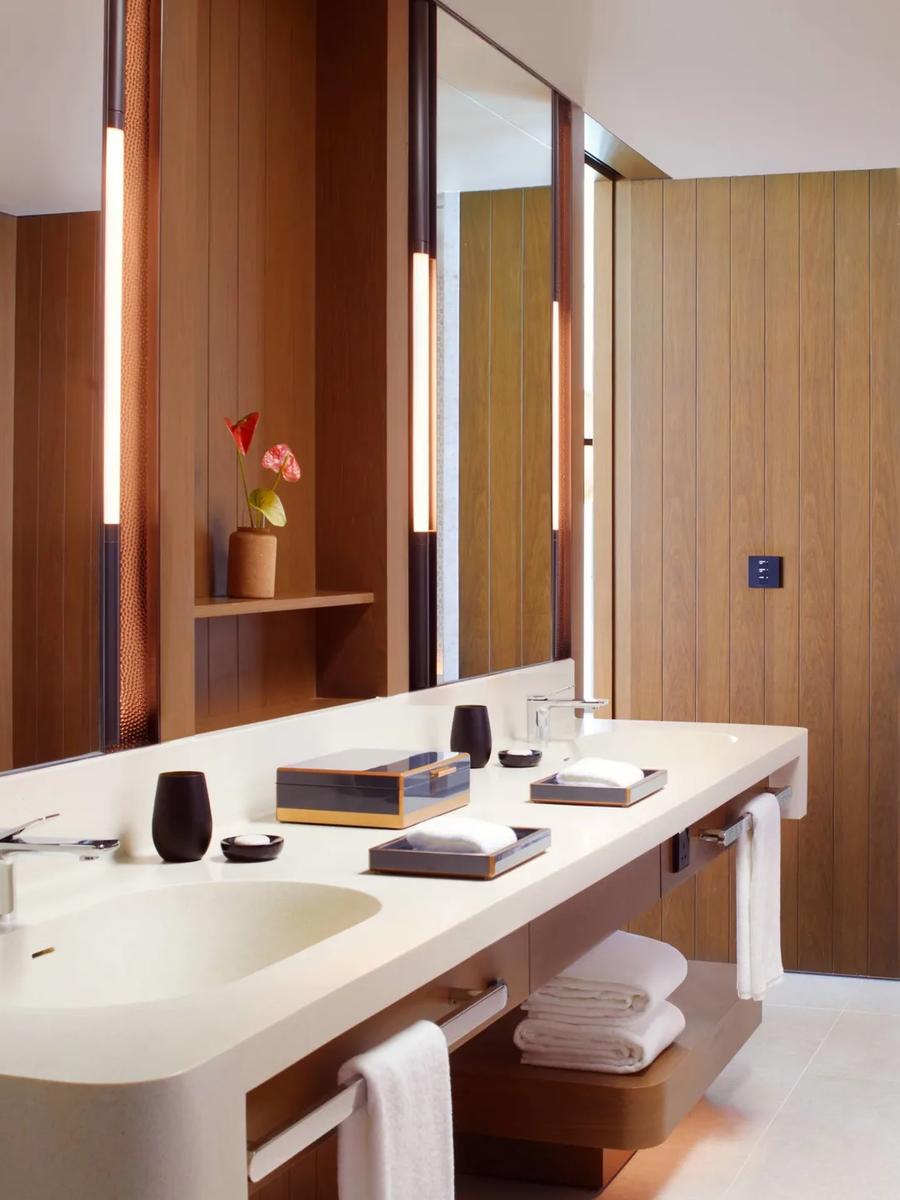 A villa's double-vanity bathroom and steam shower — stands in for the Sunset Beach Pool Villa (2 Bedroom), which has no dedicated photography on the official site