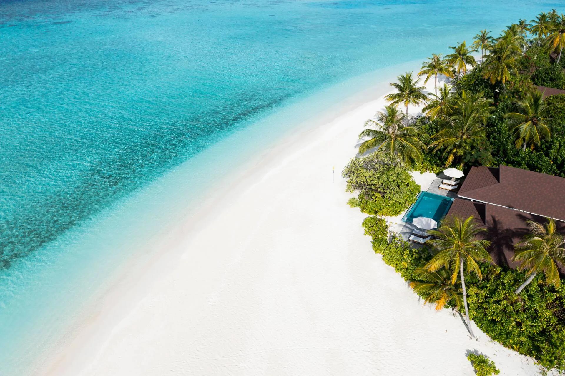 Top-down aerial of The Standard, Huruvalhi Maldives' beach edge, a private plunge pool and peaked villa roof set among palms beside the reef