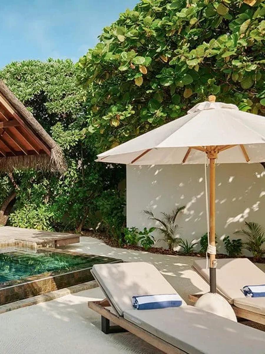 Exterior of a beachfront villa with a thatched roof and private plunge pool, palm trees framing the deck