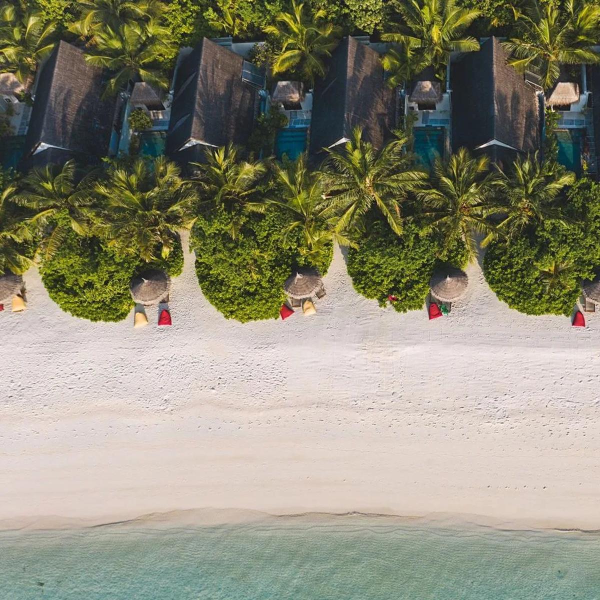 Aerial view of Ozen Life Maadhoo's beachfront villas, thatched roofs set among palms beside the turquoise lagoon