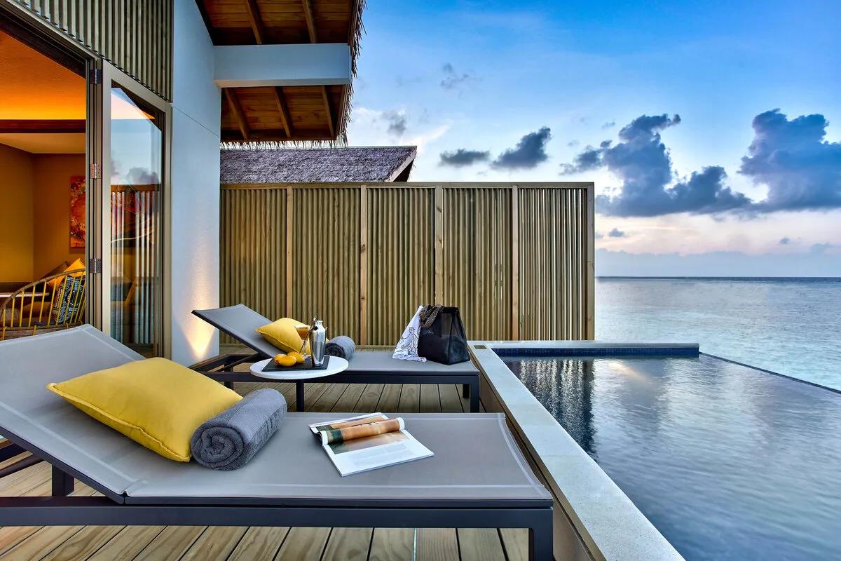 The Diamond Overwater Private Pool Villa's plunge pool and deck over the lagoon