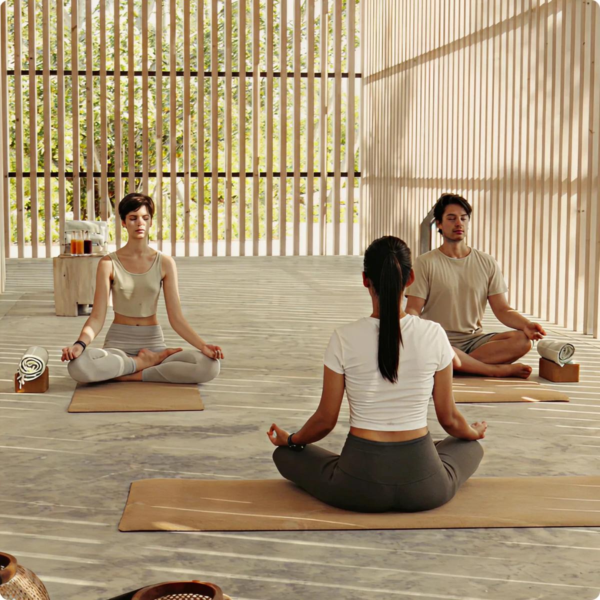 Three guests seated cross-legged in meditation on an open timber deck, mats and a low table set beside them
