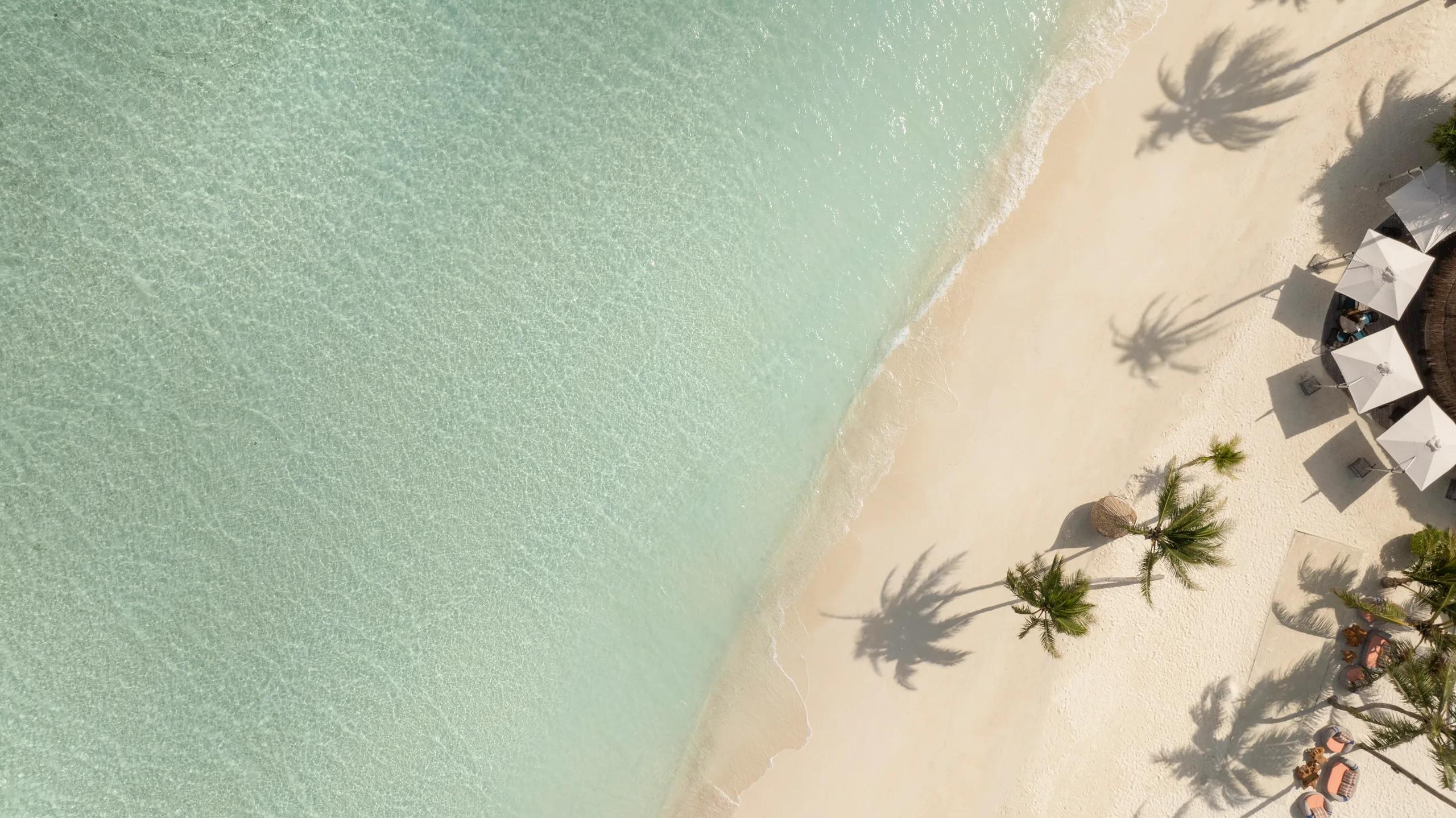 Aerial view of turquoise water meeting a white-sand beach lined with palm trees, sun umbrellas visible near the shore — no dedicated Meeru Beach Grill photograph was available in the research set