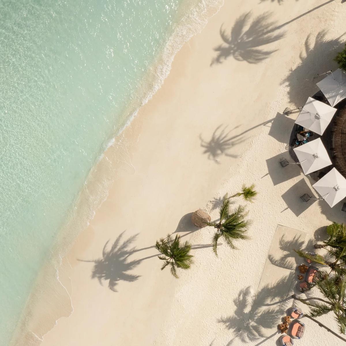 Aerial view of turquoise water meeting a white-sand beach lined with palm trees, sun umbrellas visible near the shore — no dedicated Meeru Beach Grill photograph was available in the research set