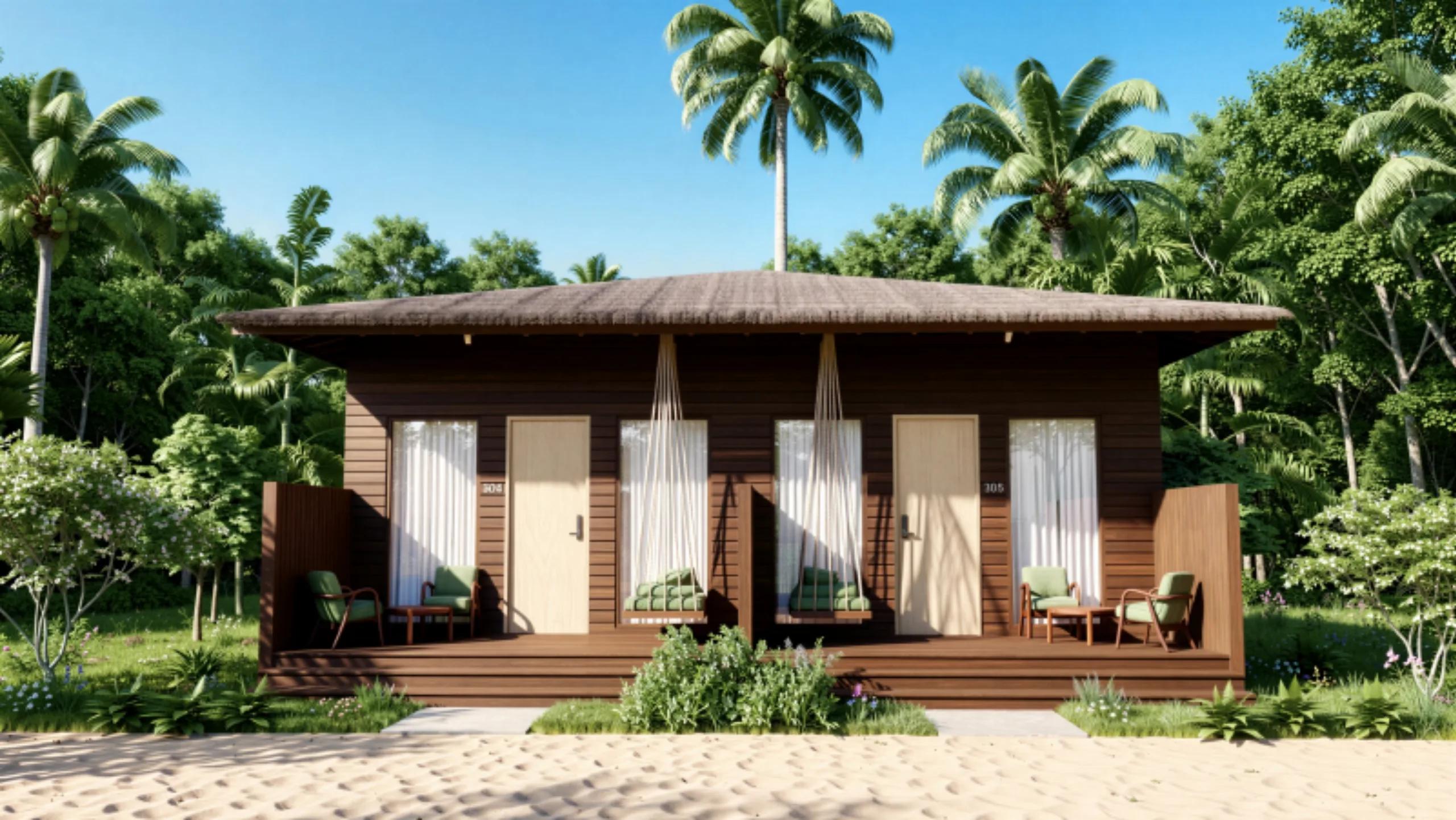The wood-and-thatch exterior of a Garden Villa at Bandos, with a porch swing and armchairs set among palm trees