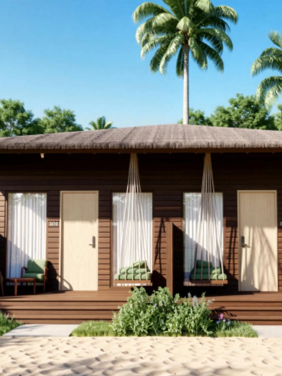 The wood-and-thatch exterior of a Garden Villa at Bandos, with a porch swing and armchairs set among palm trees