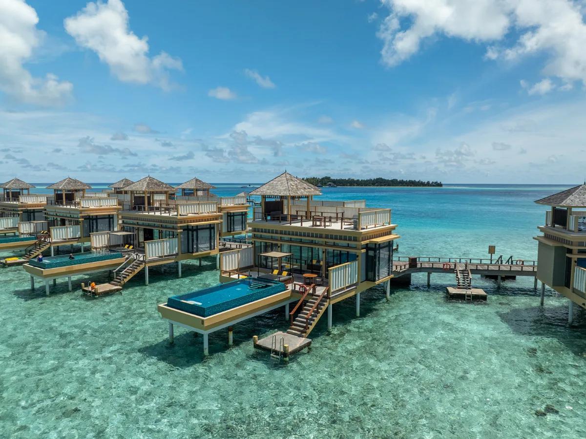 Exterior of an In-Ocean Pool Villa, stilted over the lagoon at Angsana Velavaru