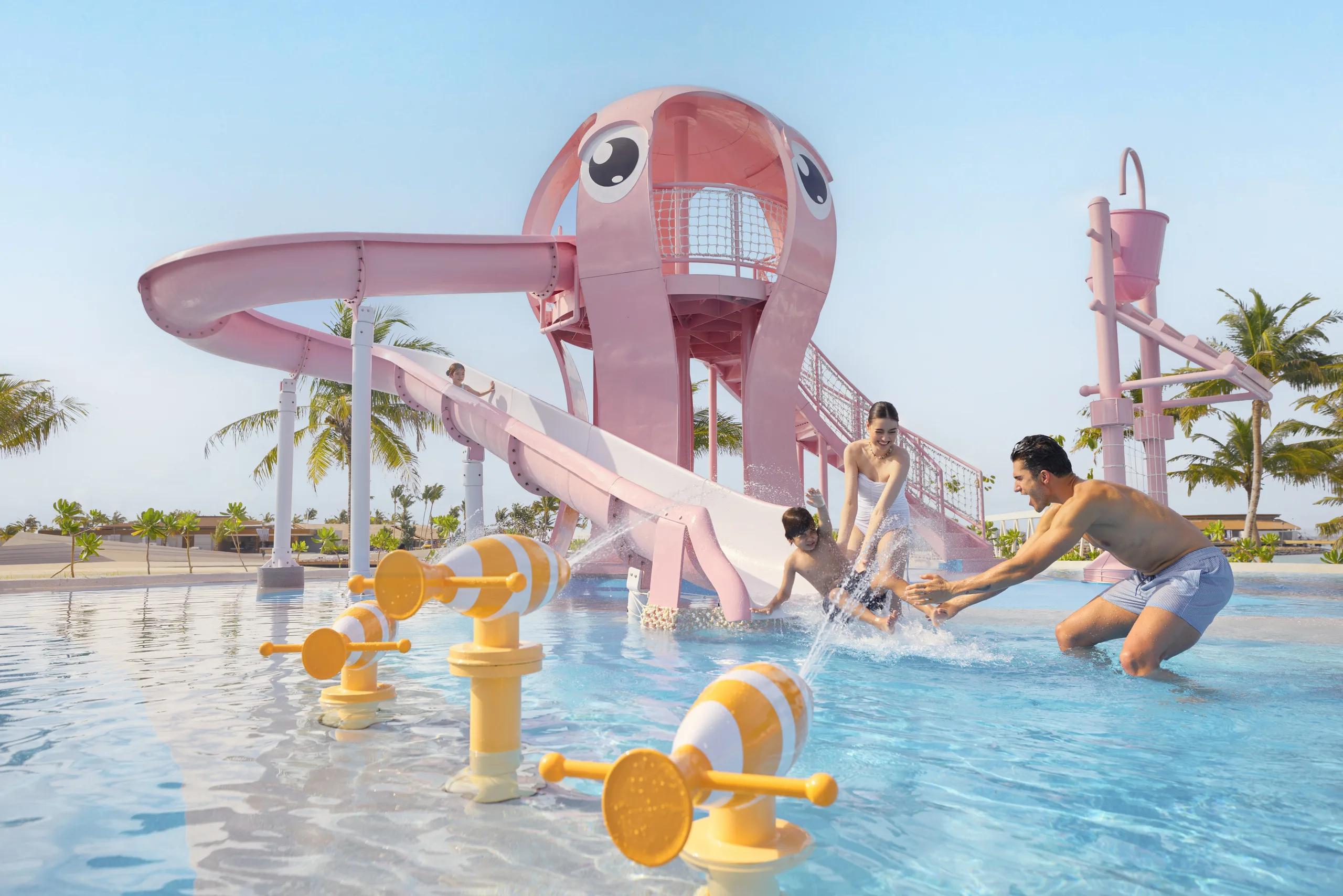 The lazy river inside the resort's outdoor water complex, marketed as the first in the Maldives