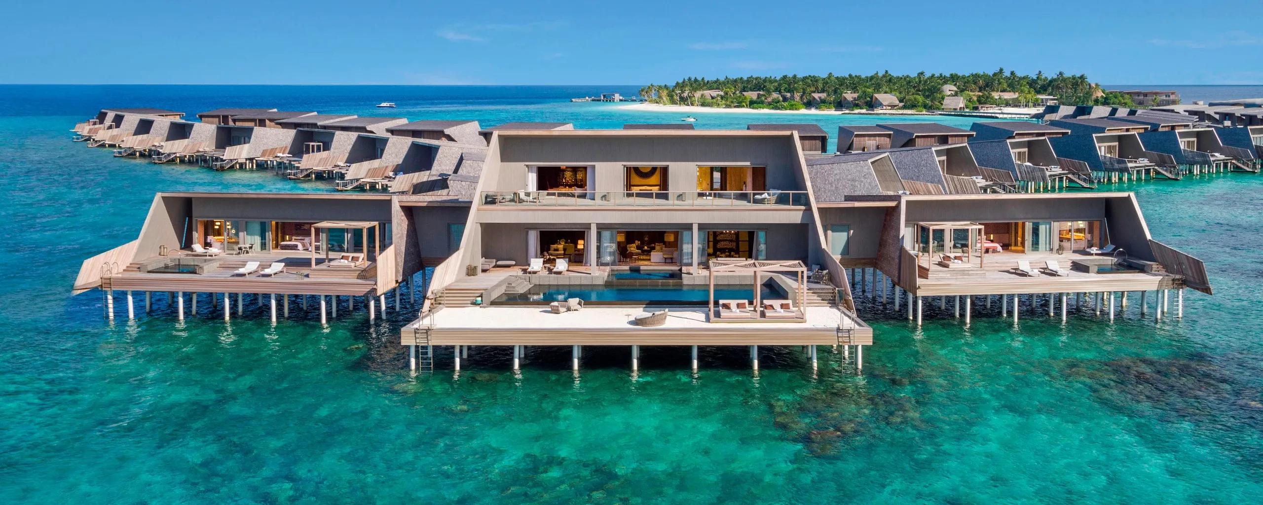 The exterior of the John Jacob Astor Estate, a two-level overwater estate villa