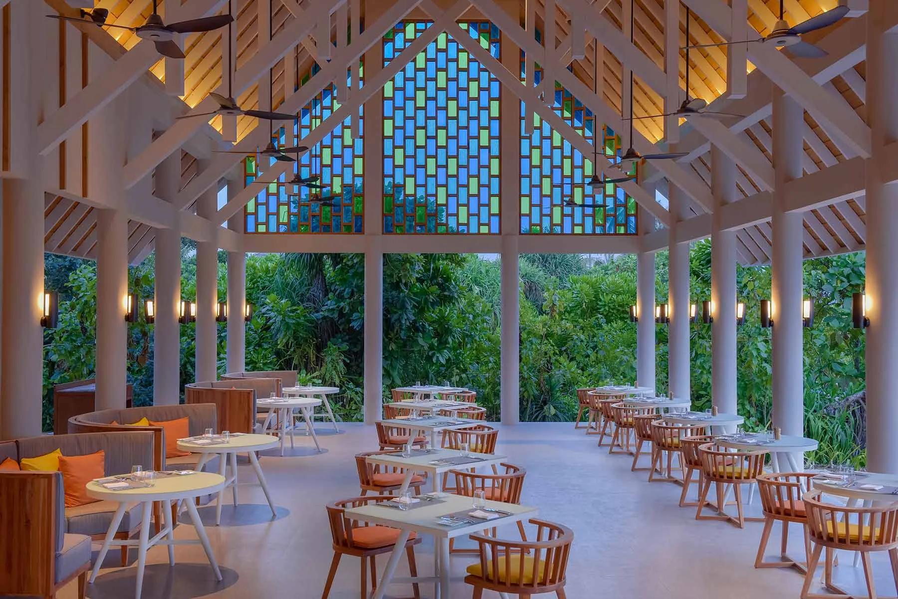 Aqua Restaurant's dining room, set for a Mediterranean breakfast service