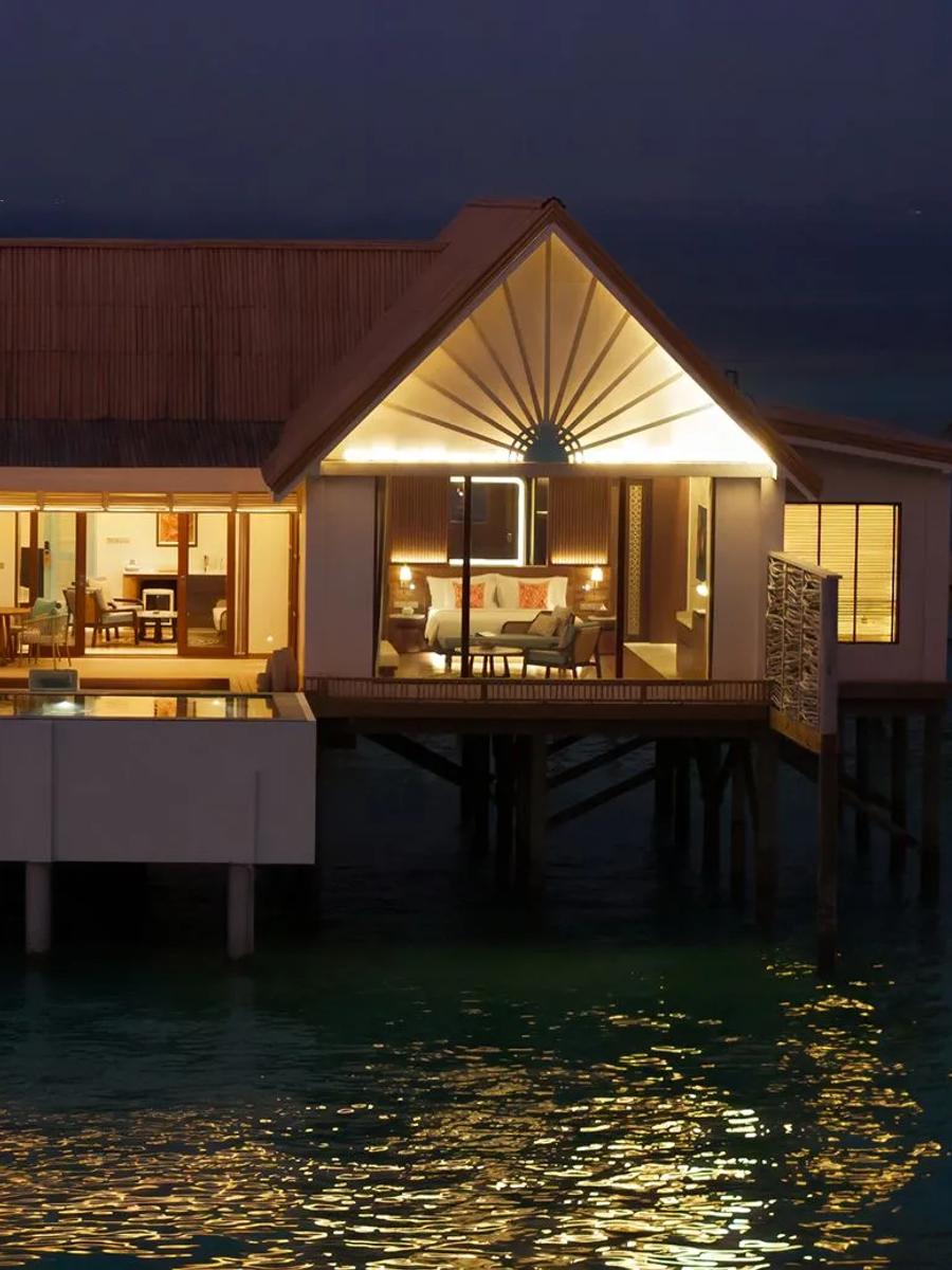 The Sunset Family Water Pool Villa with Slide – 2 Bedroom at RAH GILI Maldives, a two-bedroom overwater layout with a waterslide pool
