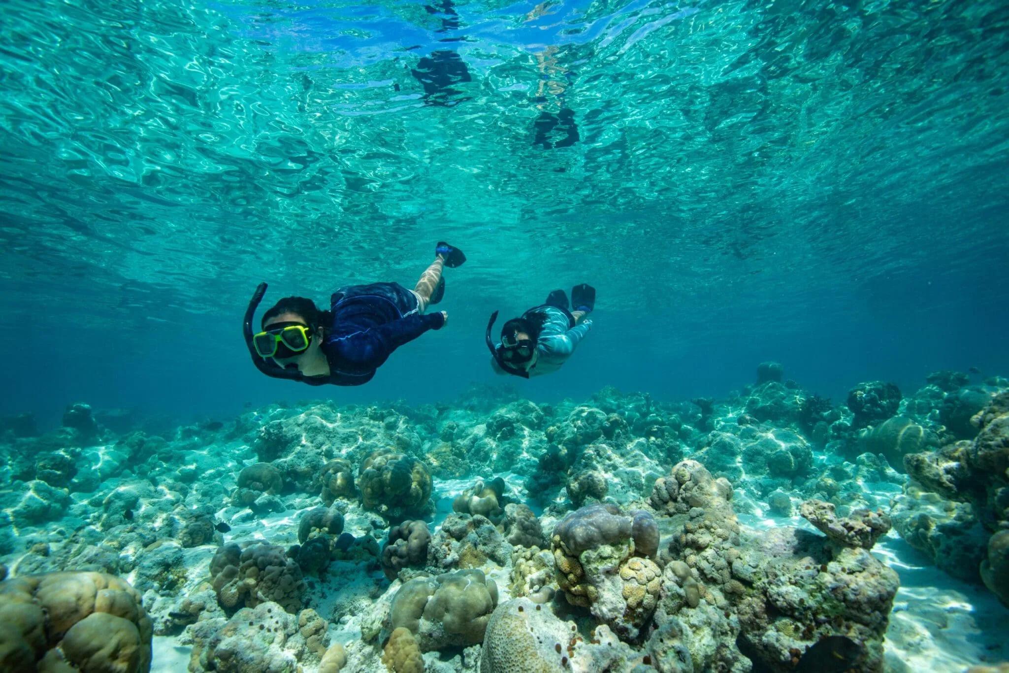Two snorkellers swimming over a coral reef in clear lagoon water, sunlight rippling across the coral below