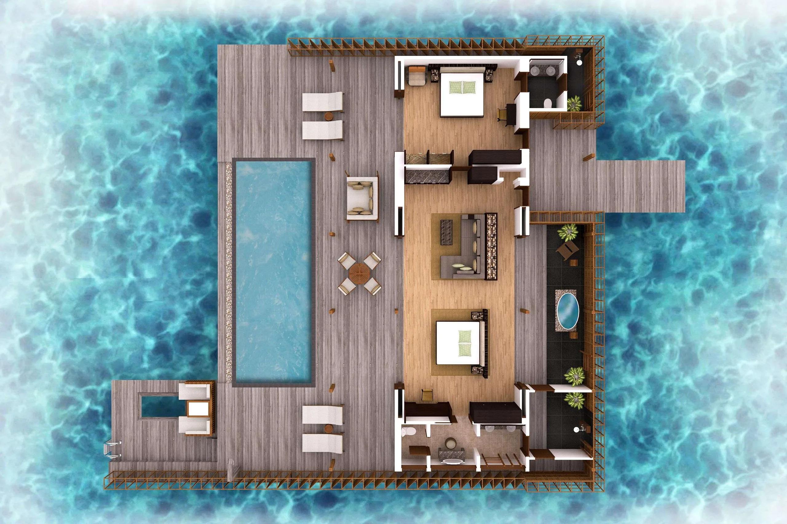 Floor plan of the two-bedroom Ocean Residence, showing its 44-square-metre infinity pool running the length of the deck