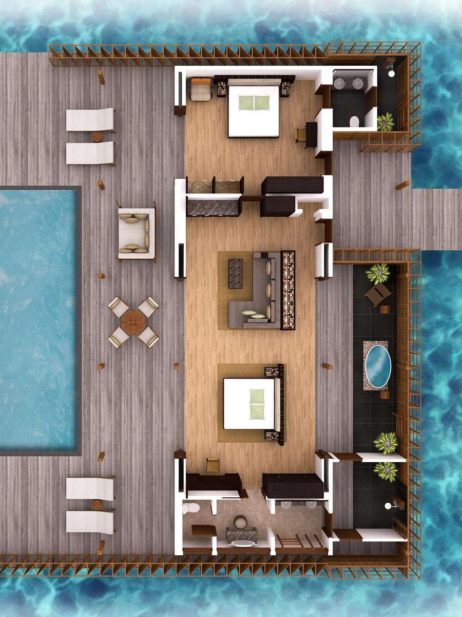Floor plan of the two-bedroom Ocean Residence, showing its 44-square-metre infinity pool running the length of the deck