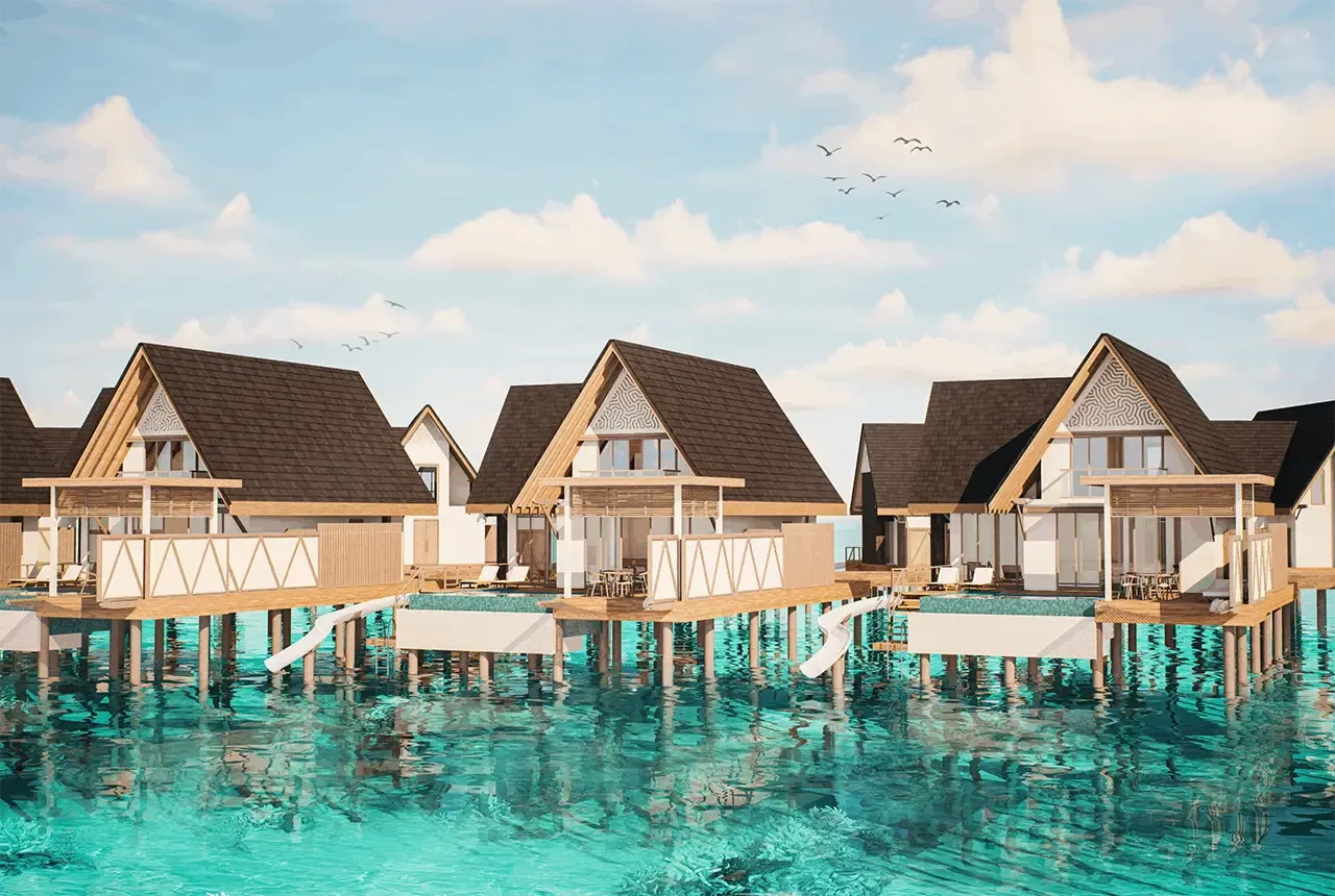 A Water Pool Suite with Slide's overwater living space and pool deck