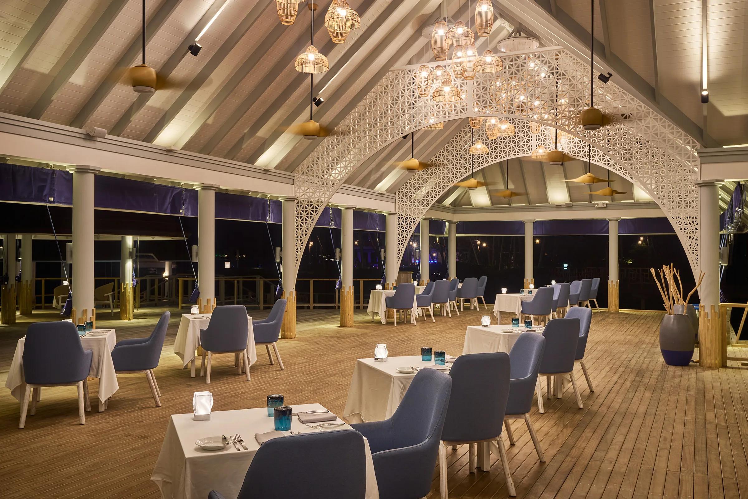 Dining room interior at Culinarium, Romance Island's mid-sea jetty restaurant