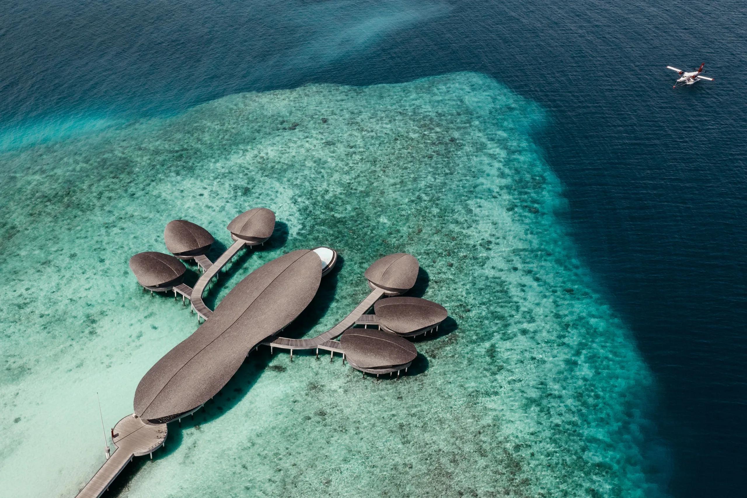 Aerial view of Iridium Spa, the resort's 1,850 sqm overwater spa building