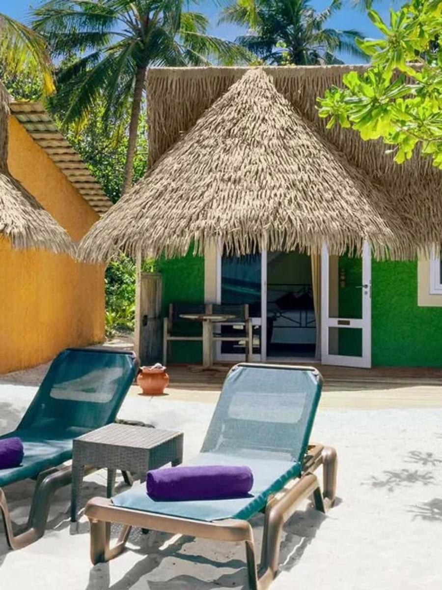 Premium Beach Bungalow's green-and-yellow exterior beneath a thatched roof, with sun loungers on the sand