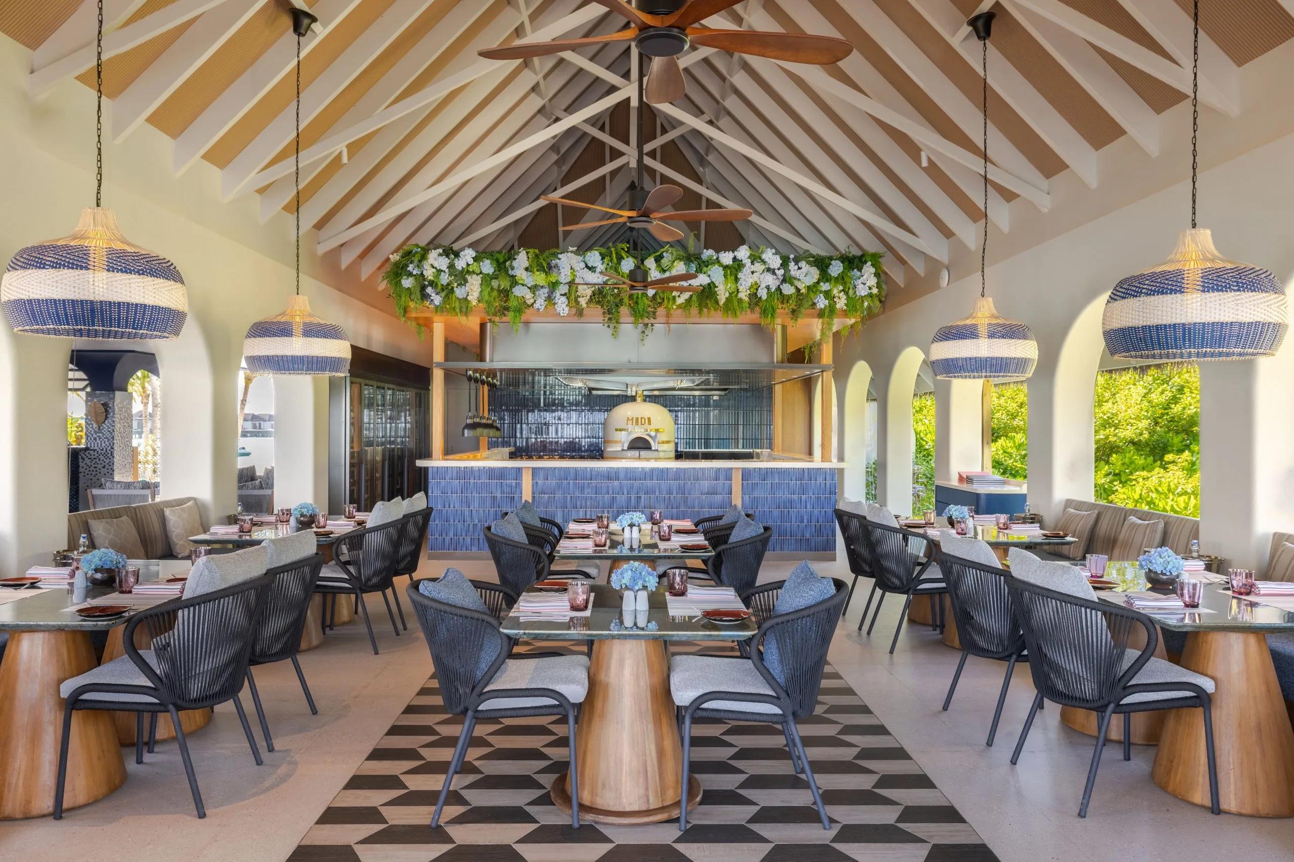 The dining room at MIDI, dusitD2 Feydhoo Maldives' Mediterranean restaurant