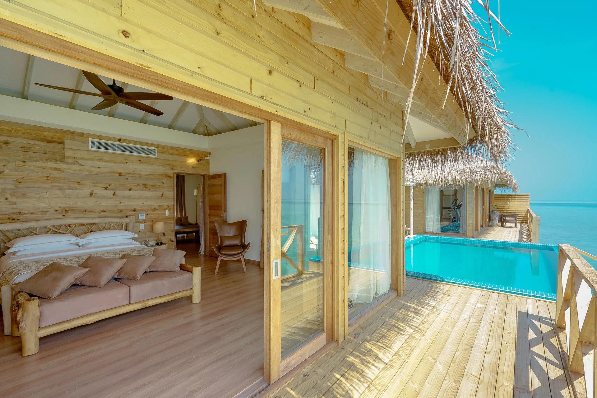 A second view of the You & Me Suite with Slide, the resort's 280 sqm signature overwater suite