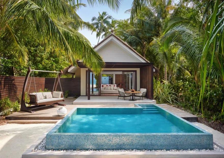 Exterior front view of a Deluxe Beach Pool Villa at Niyama, with its private pool and deck