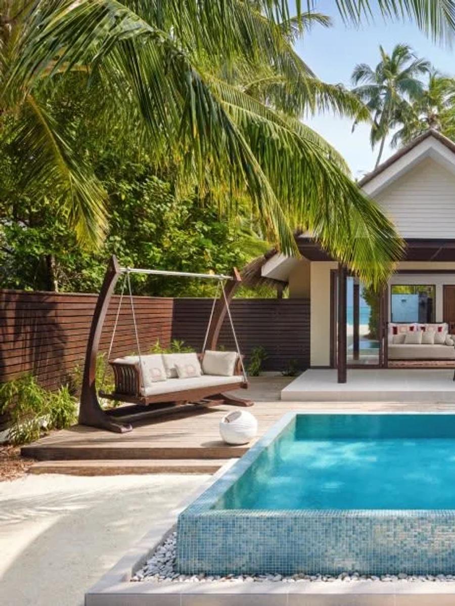 Exterior front view of a Deluxe Beach Pool Villa at Niyama, with its private pool and deck