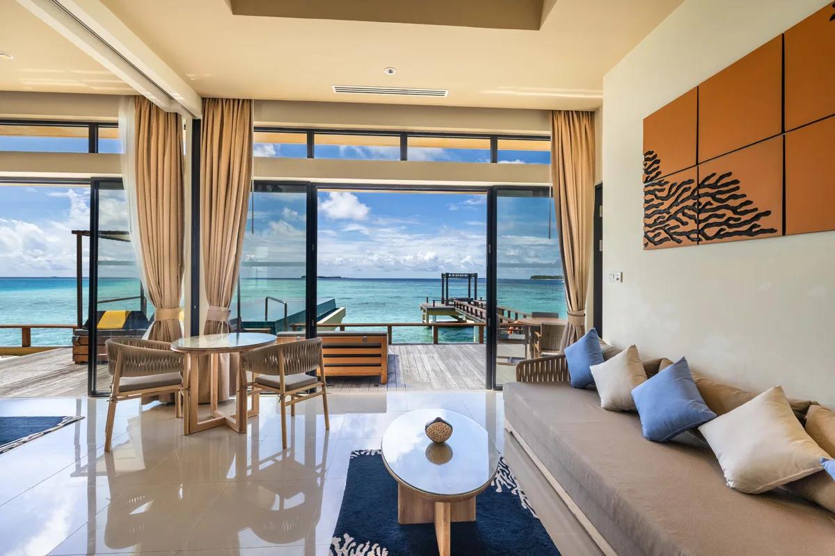 Interior living area of the Deluxe In-Ocean Two Bedroom Pool Villa at Angsana Velavaru