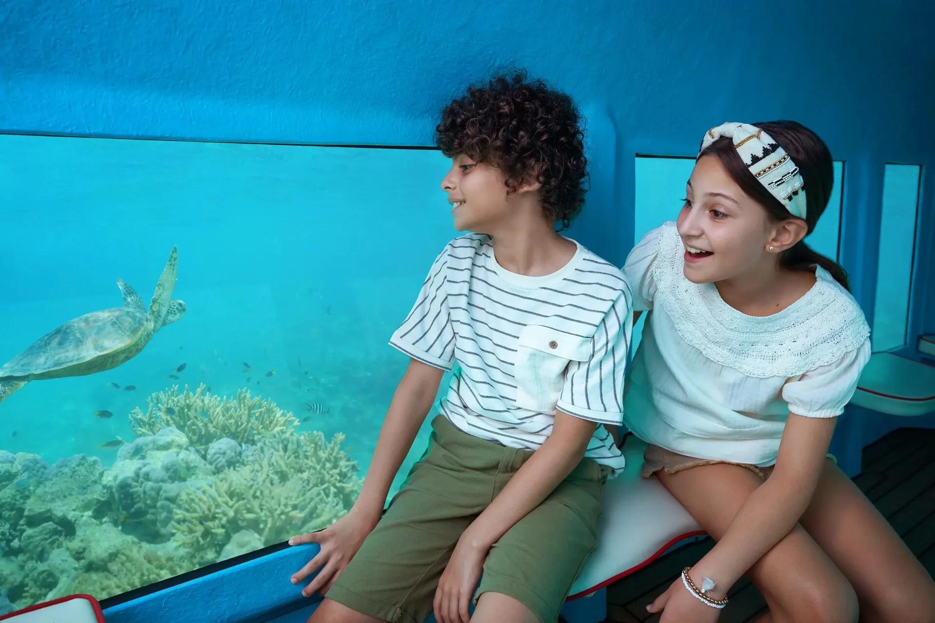 Guests aboard a semi-submarine viewing the reef below the surface