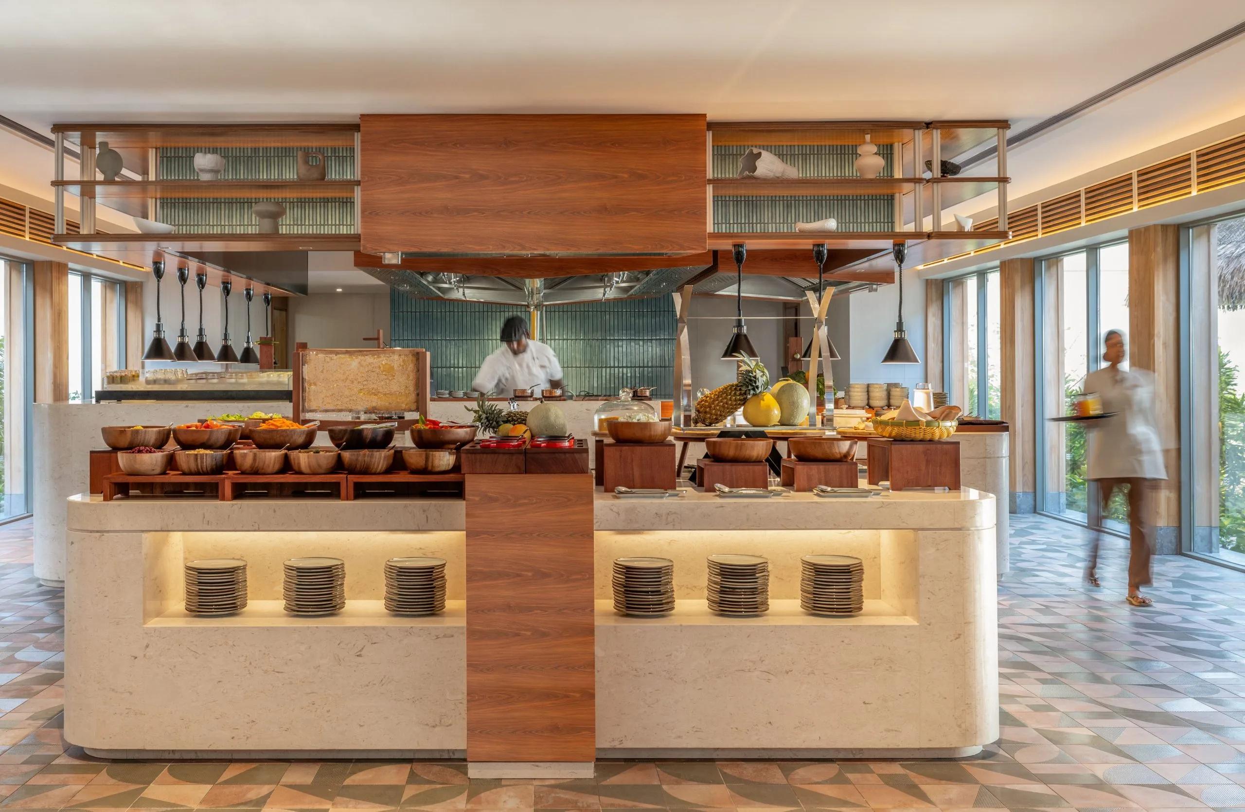 The buffet dining room at Baraveli, dusitD2 Feydhoo Maldives' main all-day restaurant