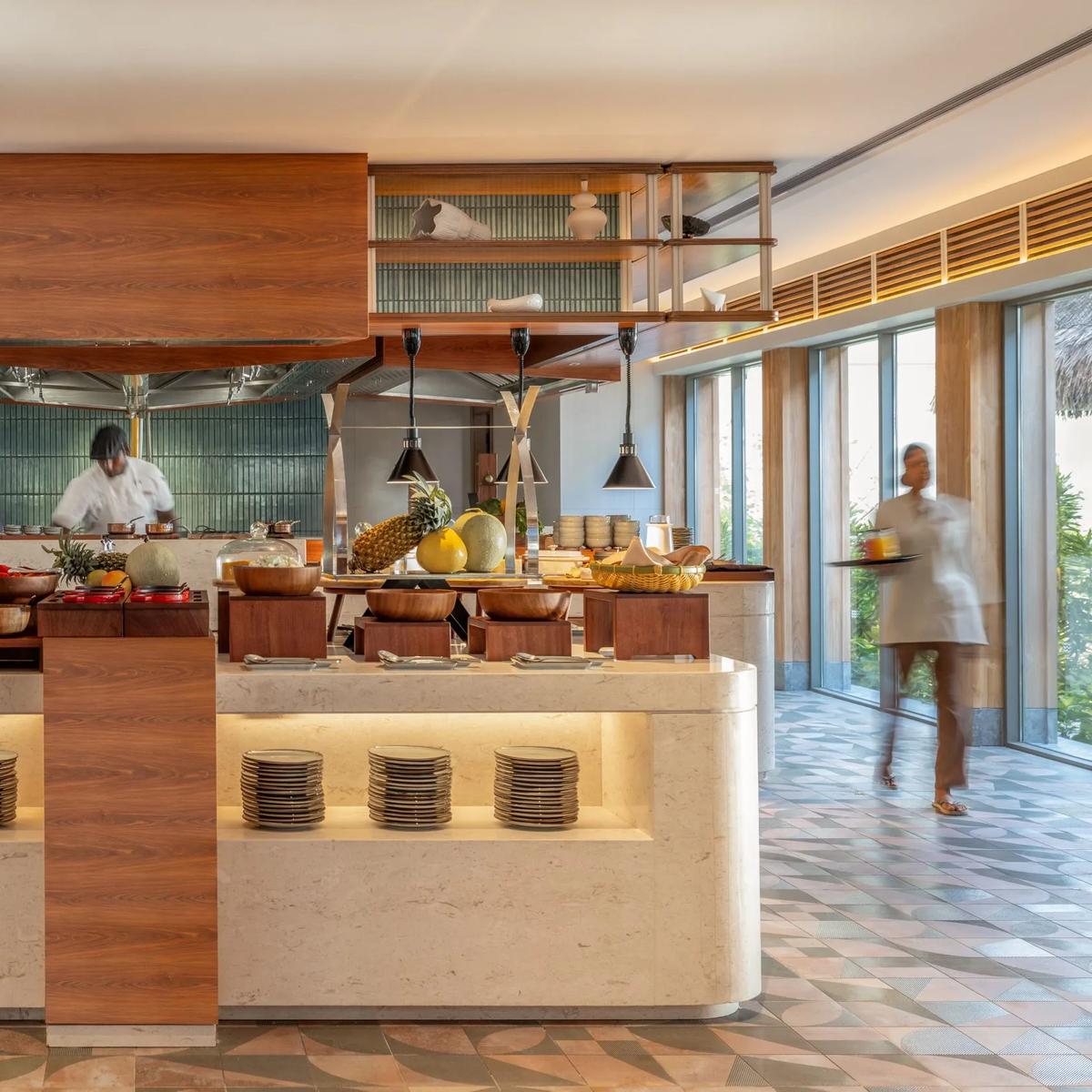 The buffet dining room at Baraveli, dusitD2 Feydhoo Maldives' main all-day restaurant