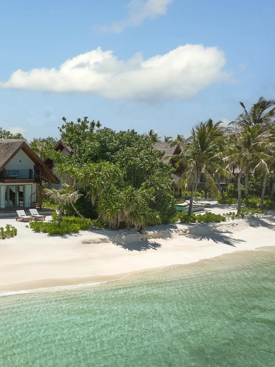A Beach Retreat with Pool seen from the beach, its thatched roofline set behind a line of trees, with a private pool in the foreground.
