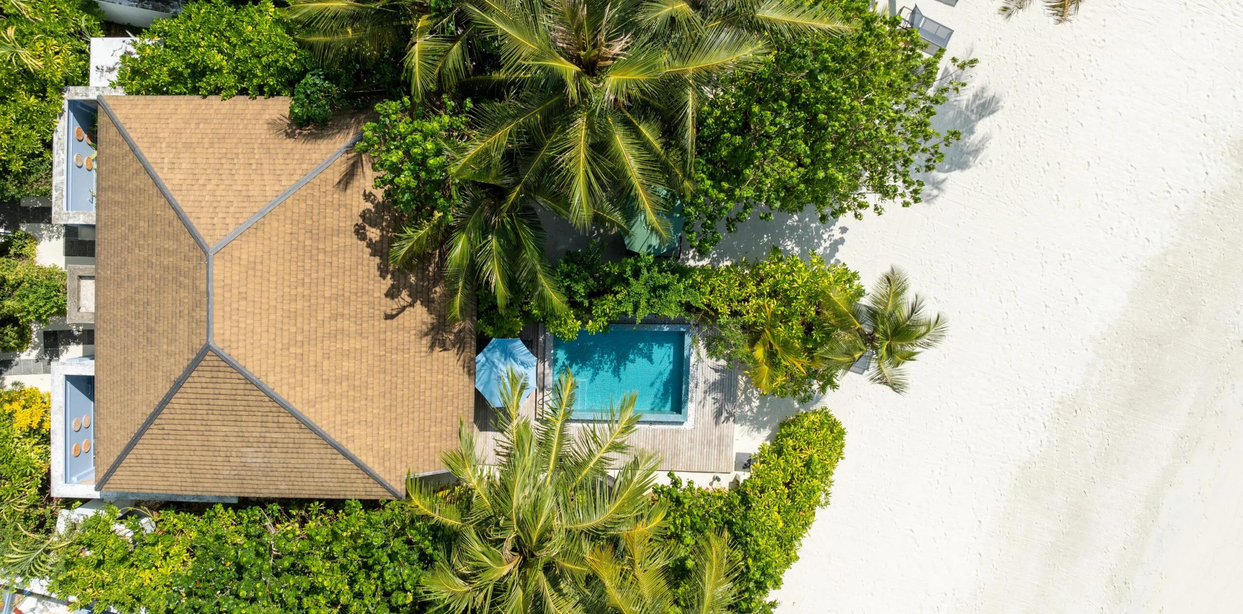 Aerial view of the 2 Bedroom Family Beach Villa with Pool at SAii Lagoon Maldives