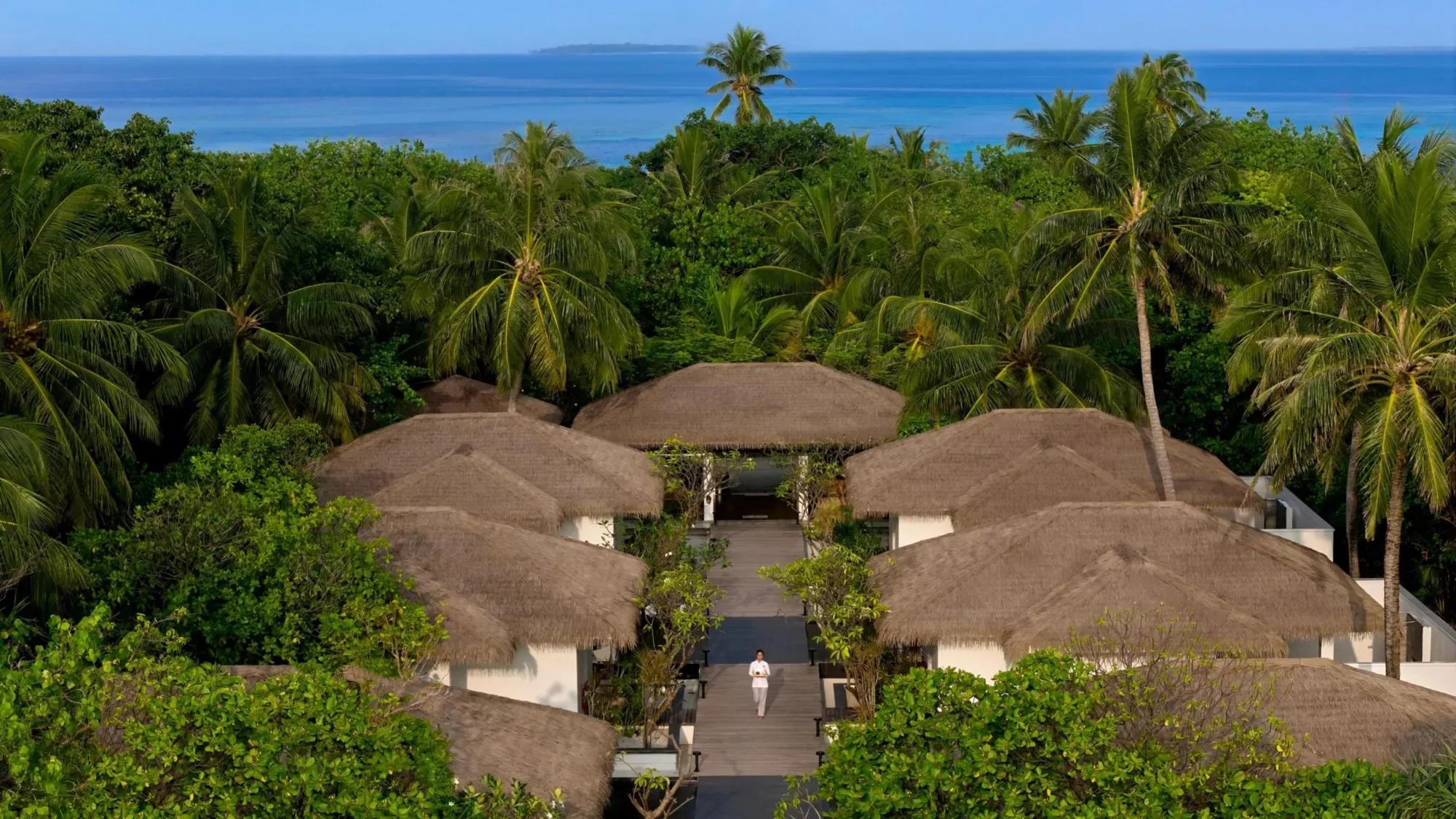 The pathway to Funa Spa at Noku Maldives, framed by palms with the lagoon beyond