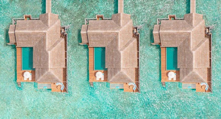 Aerial view of a One Bedroom Family Over Water Pool Villa at Anantara Kihavah