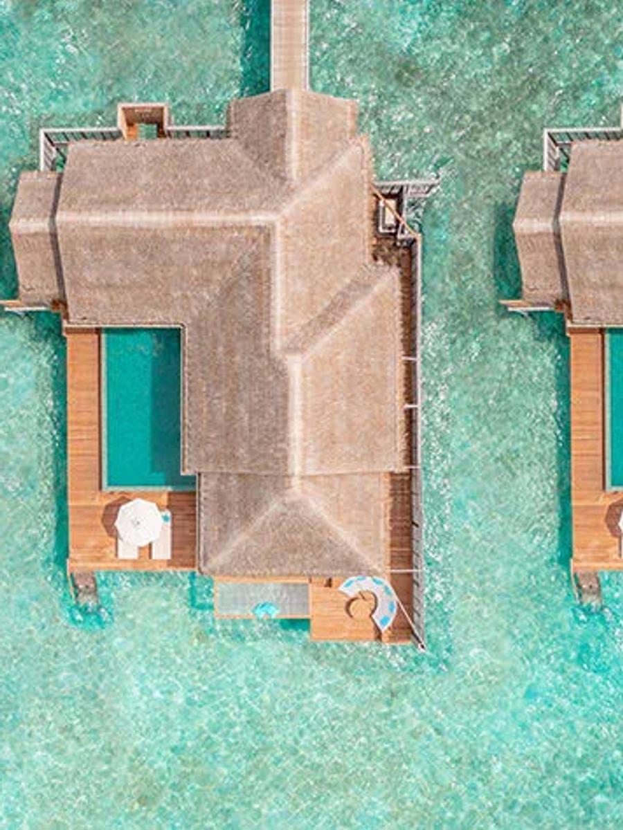 Aerial view of a One Bedroom Family Over Water Pool Villa at Anantara Kihavah