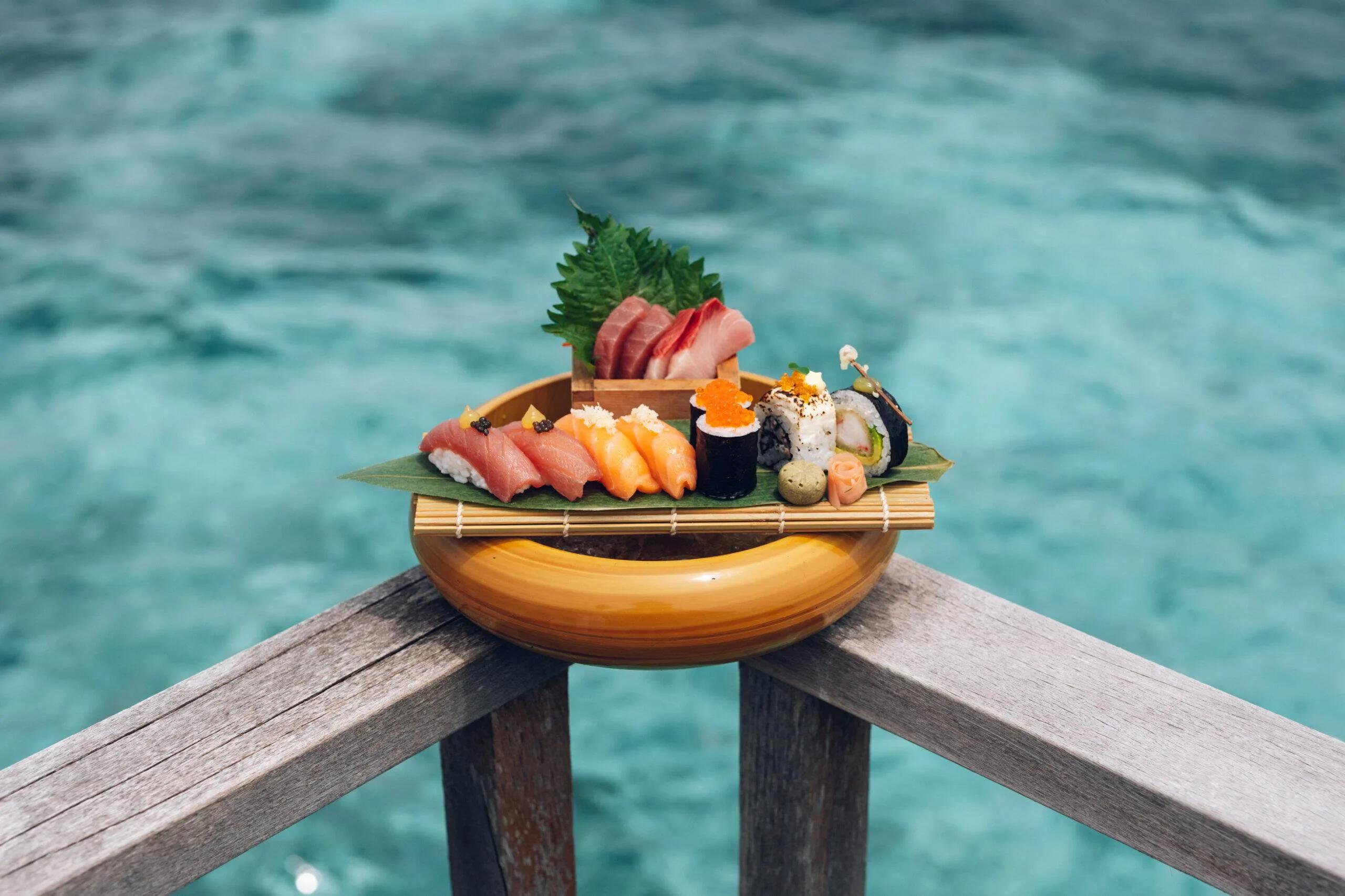A sashimi and nigiri platter served at Salt, Huvafen Fushi's overwater Japanese restaurant