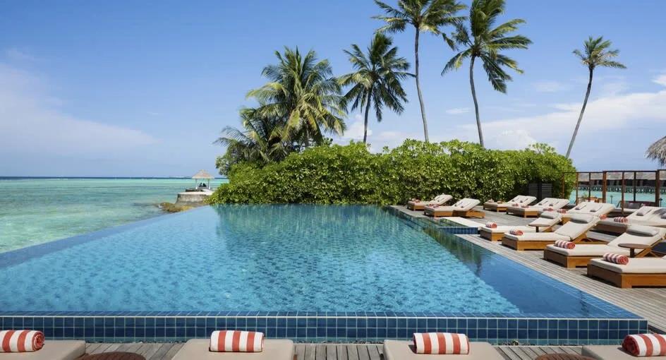 The infinity-edge swimming pool at Dhoni Bar in daylight, with palm trees and the lagoon beyond